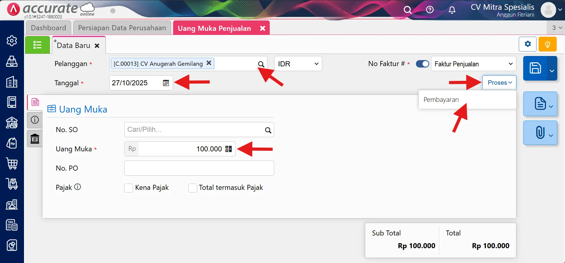 Mencatat uang muka penjualan